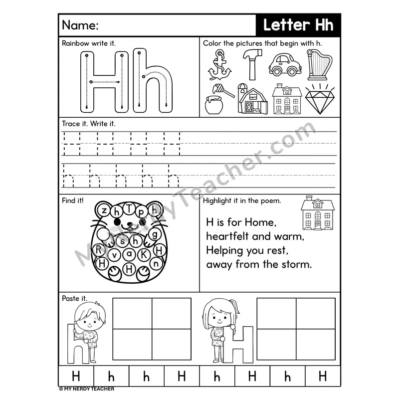 Letter H Worksheet — Rainbow Write, Find, and Paste
