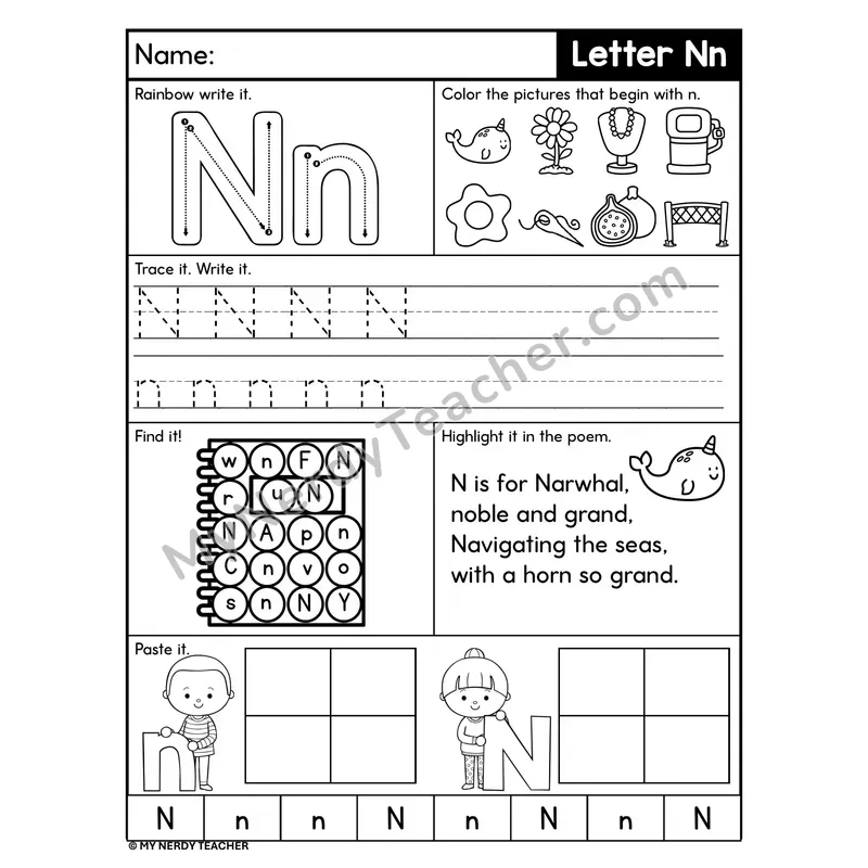 Letter N Worksheet — Rainbow Write, Find, and Paste
