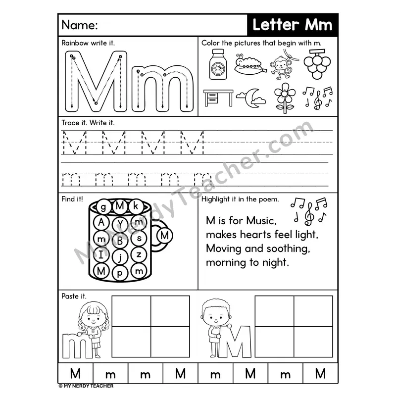 Letter M Worksheet — Rainbow Write, Find, and Paste