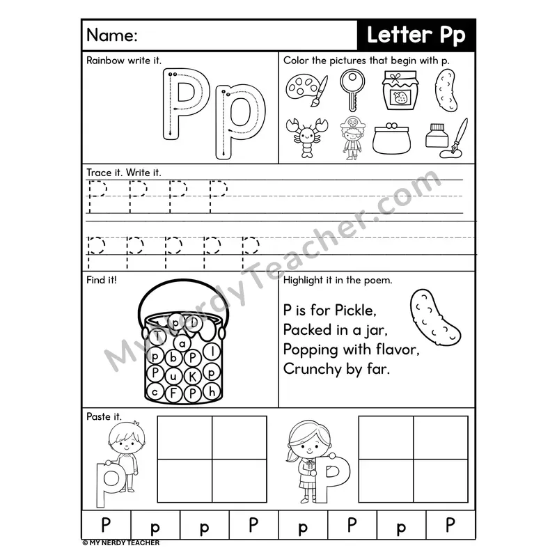 Letter P Worksheet — Rainbow Write, Find, and Paste