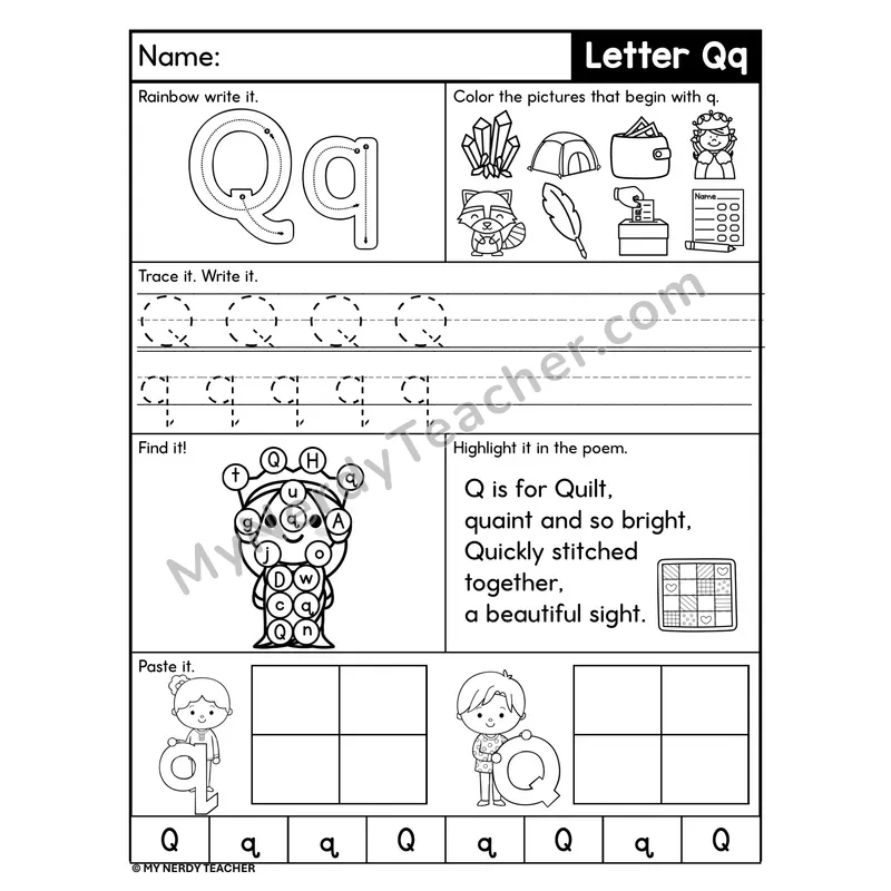 Letter Q Worksheet — Rainbow Write, Find, and Paste