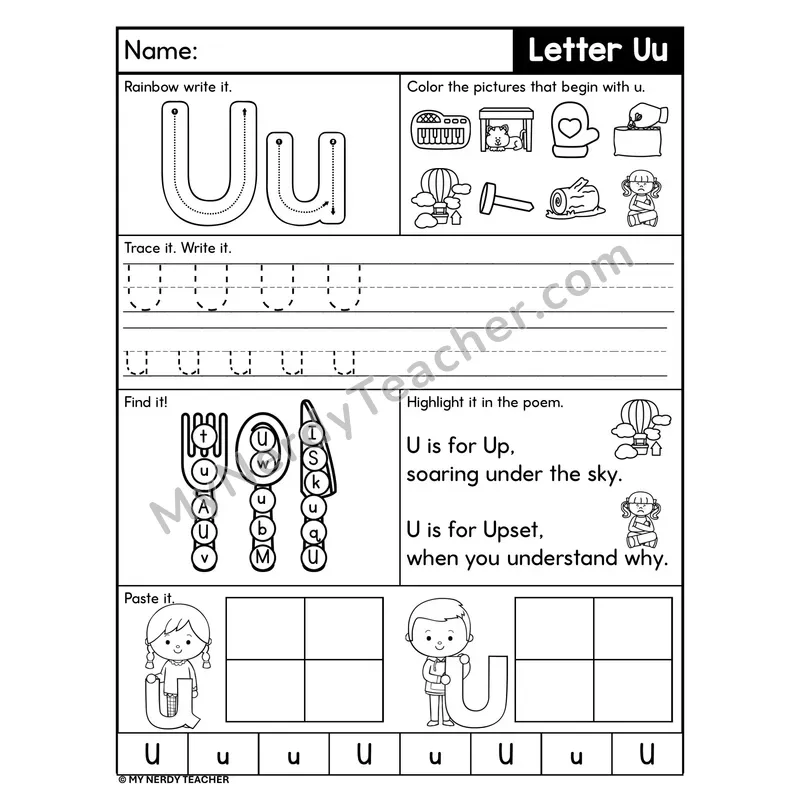 Letter U Worksheet — Rainbow Write, Find, and Paste