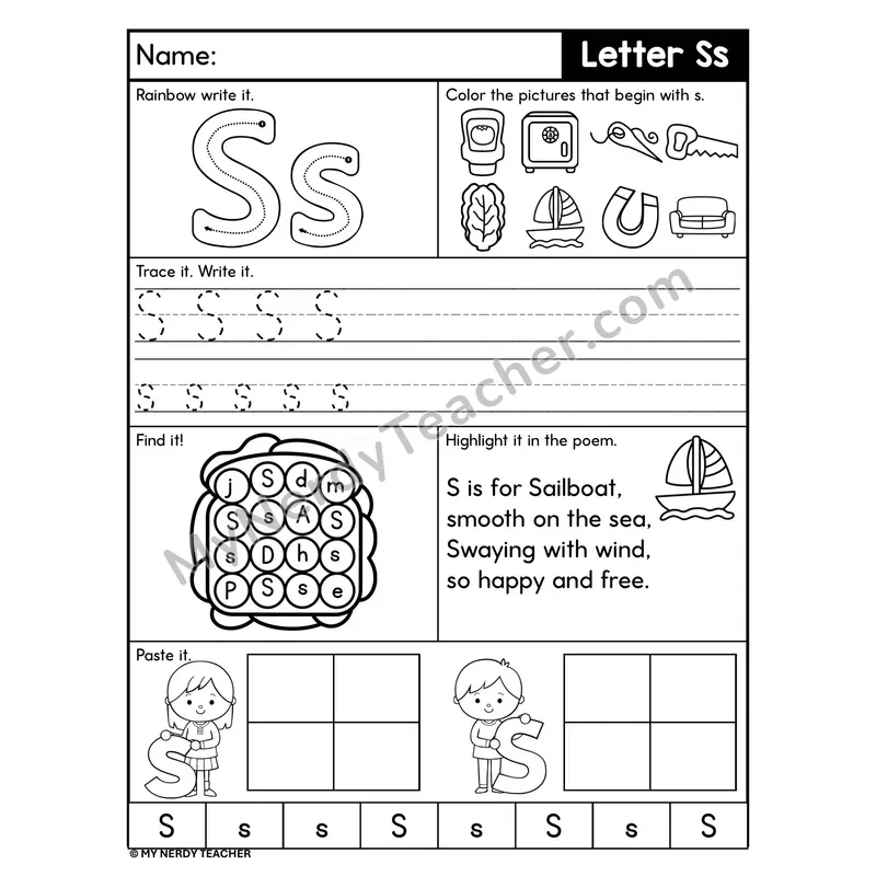 Letter S Worksheet — Rainbow Write, Find, and Paste