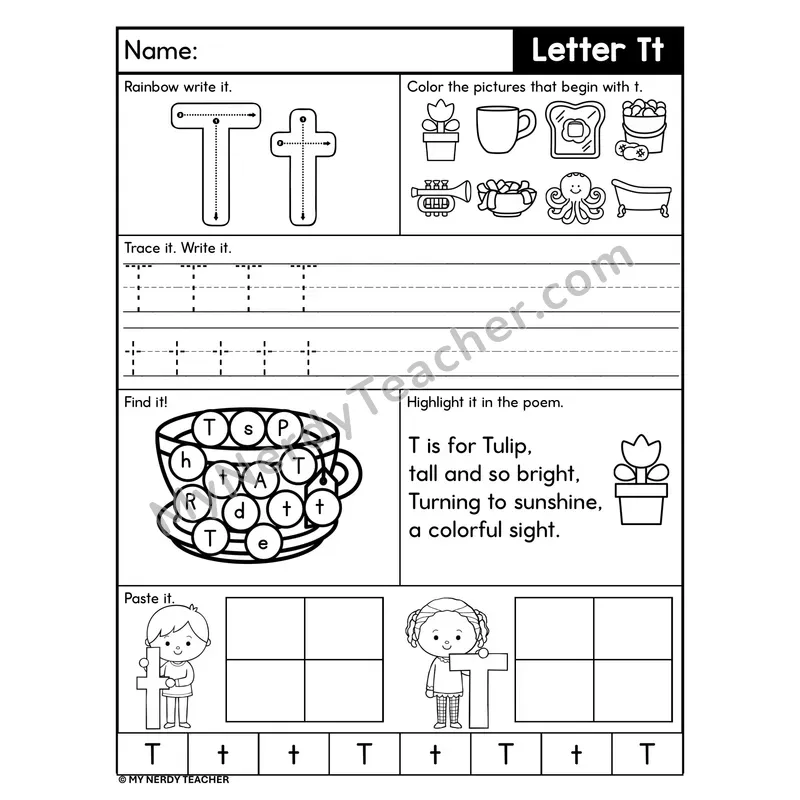 Letter T Worksheet — Rainbow Write, Find, and Paste