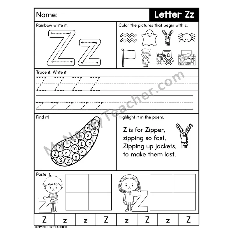 Letter Z Worksheet — Rainbow Write, Find, and Paste