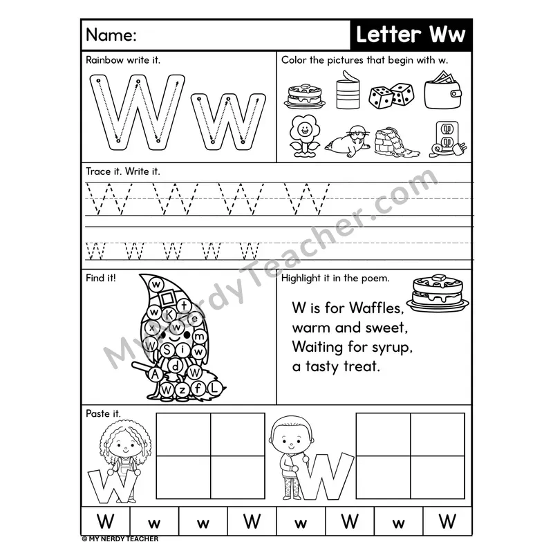 Letter W Worksheet — Rainbow Write, Find, and Paste