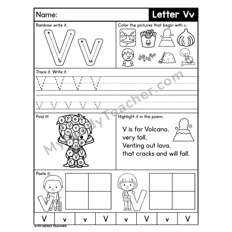 Letter V Worksheet — Rainbow Write, Find, and Paste