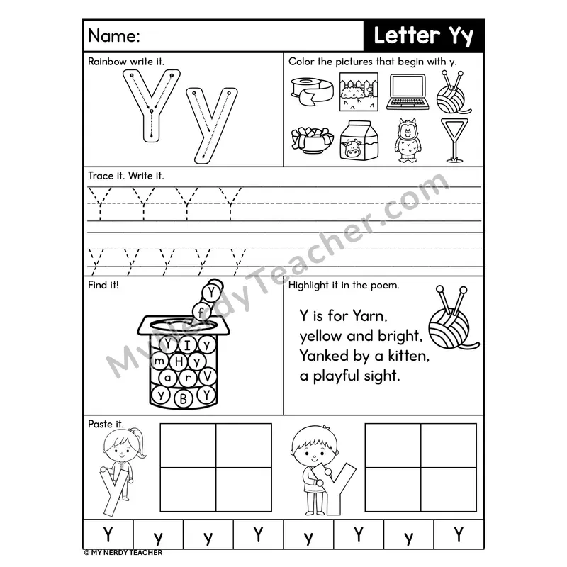 Letter Y Worksheet — Rainbow Write, Find, and Paste