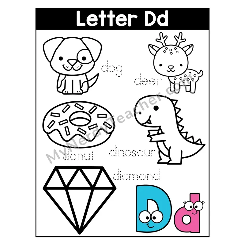 Letter D Coloring Page — Beginning Sounds Words