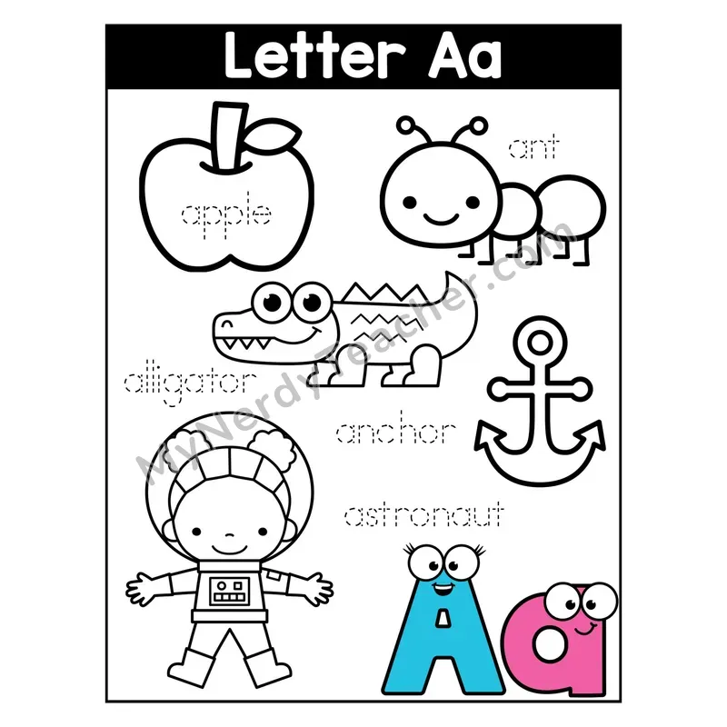 Letter A Coloring Page — Beginning Sounds Words
