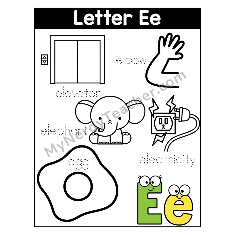Letter E Coloring Page — Beginning Sounds Words