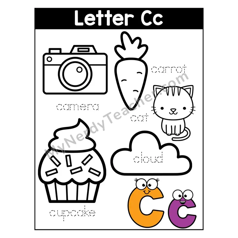 Letter C Coloring Page — Beginning Sounds Words