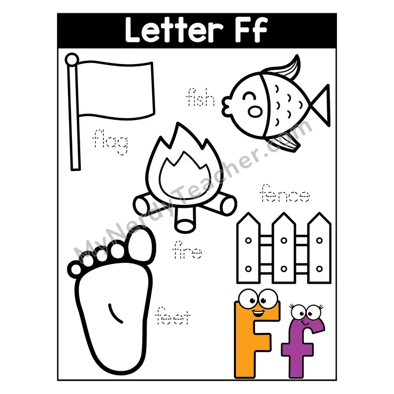 Letter F Coloring Page — Beginning Sounds Words