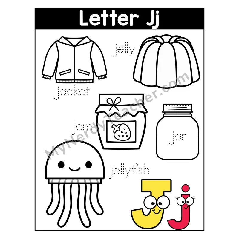 Letter J Coloring Page — Beginning Sounds Words