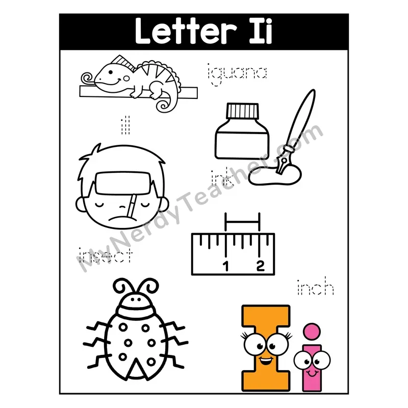 Letter I Coloring Page — Beginning Sounds Words
