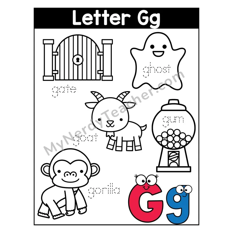 Letter G Coloring Page — Beginning Sounds Words