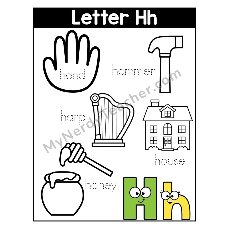 Letter H Coloring Page — Beginning Sounds Words