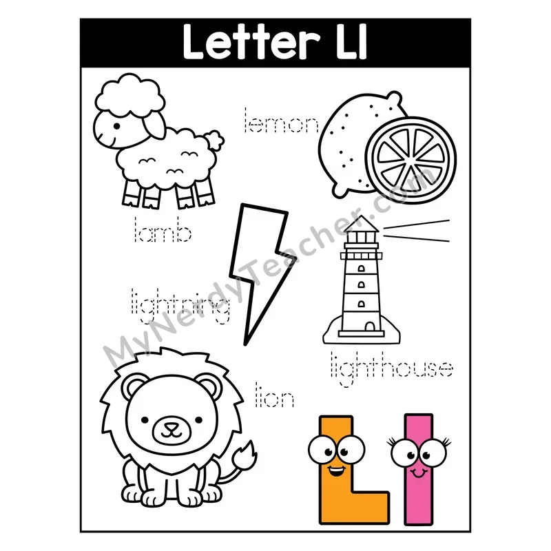 Letter L Coloring Page — Beginning Sounds Words