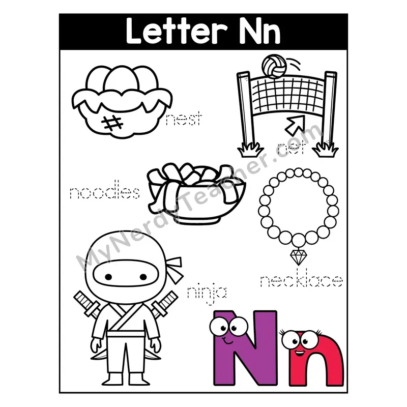 Letter N Coloring Page — Beginning Sounds Words