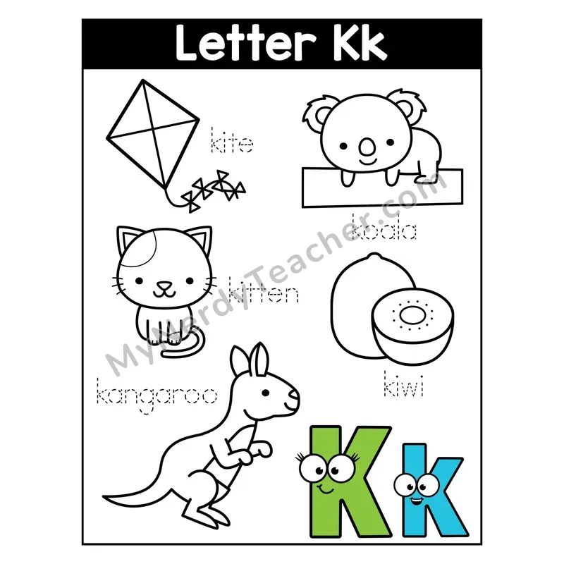 Letter K Coloring Page — Beginning Sounds Words