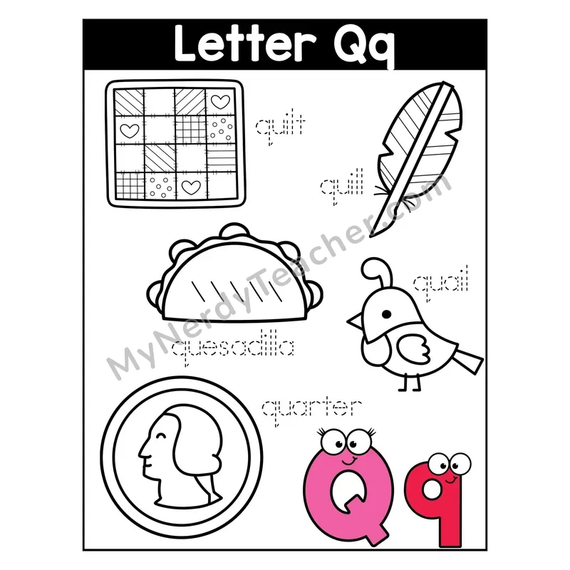 Letter Q Coloring Page — Beginning Sounds Words
