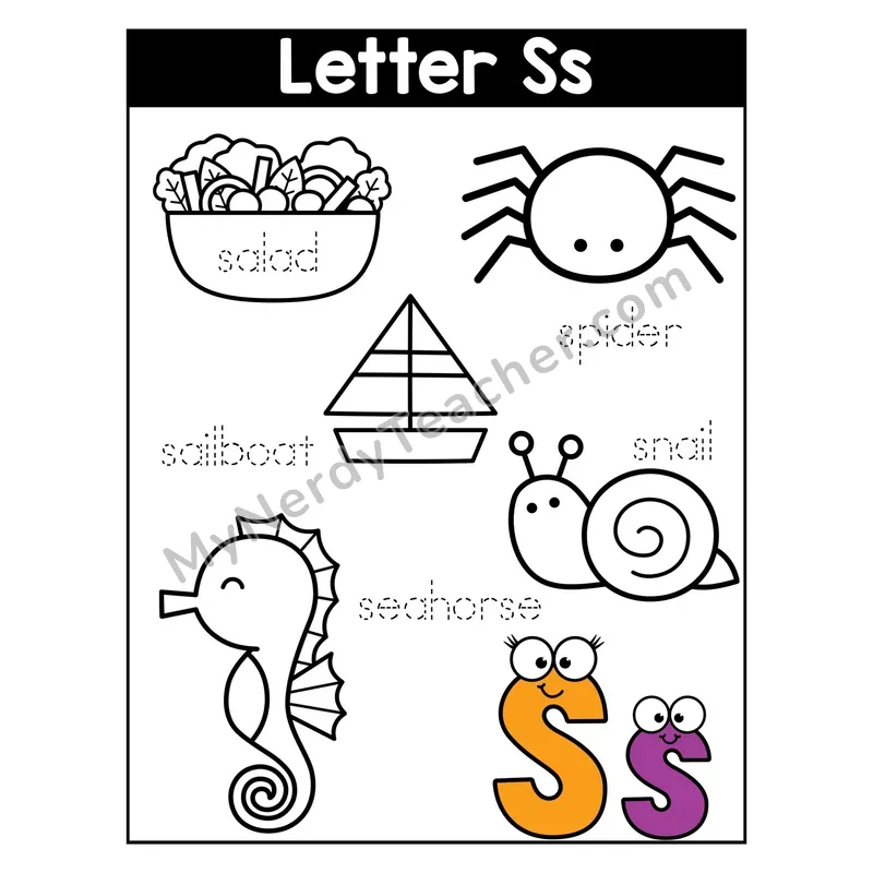 Letter S Coloring Page — Beginning Sounds Words
