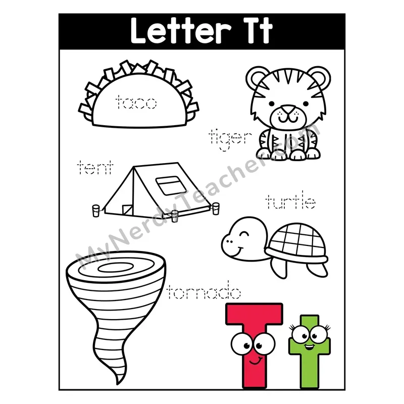 Letter T Coloring Page — Beginning Sounds Words