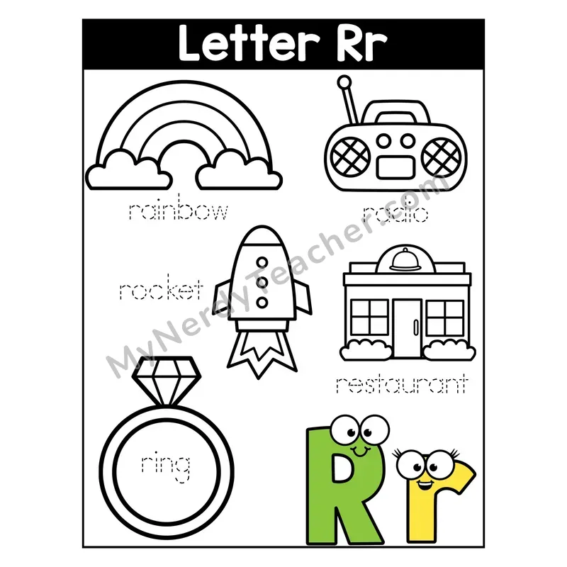 Letter R Coloring Page — Beginning Sounds Words
