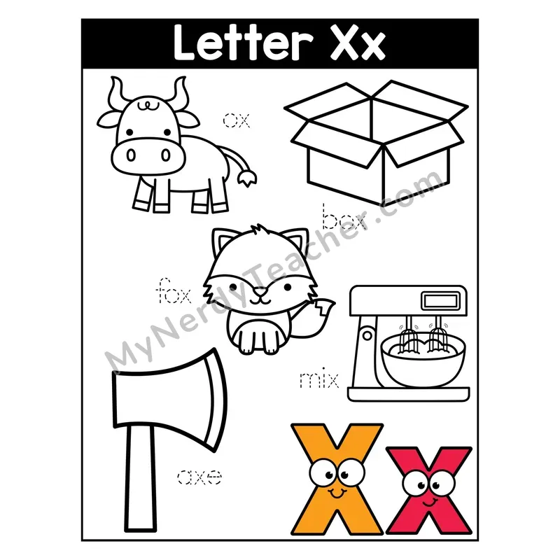 Letter X Coloring Page — Beginning Sounds Words