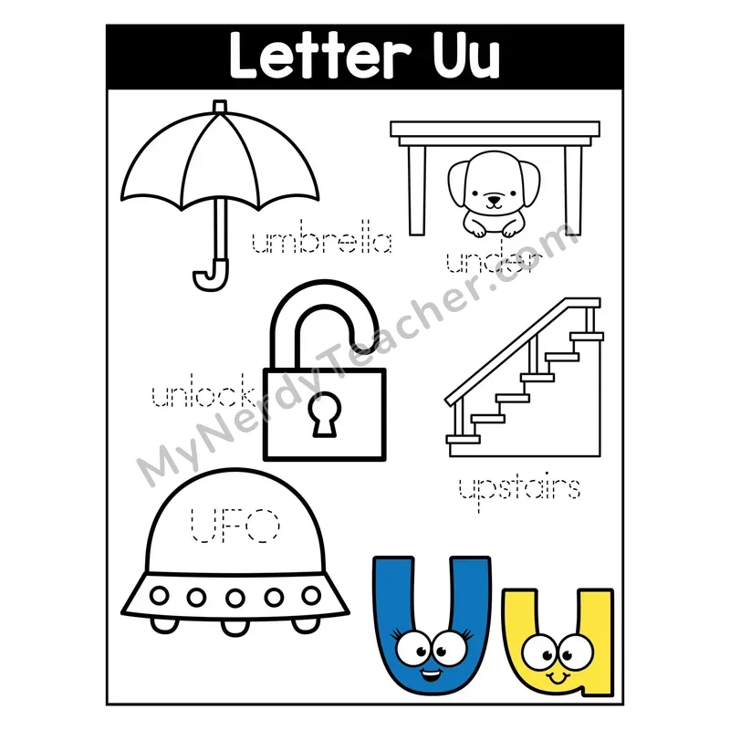 Letter U Coloring Page — Beginning Sounds Words