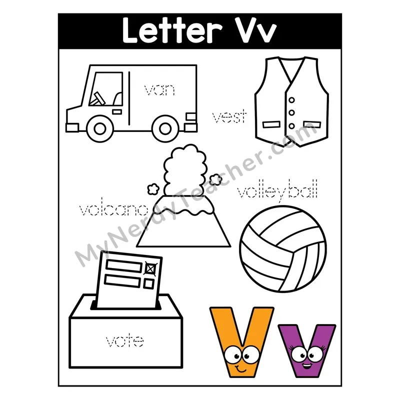 Letter V Coloring Page — Beginning Sounds Words
