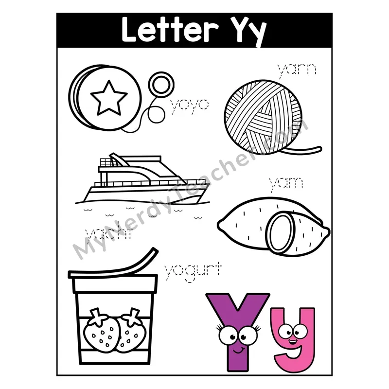 Letter Y Coloring Page — Beginning Sounds Words