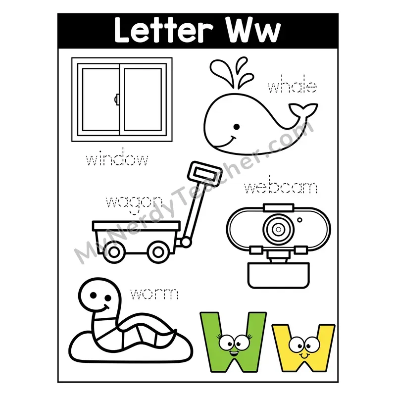 Letter W Coloring Page — Beginning Sounds Words