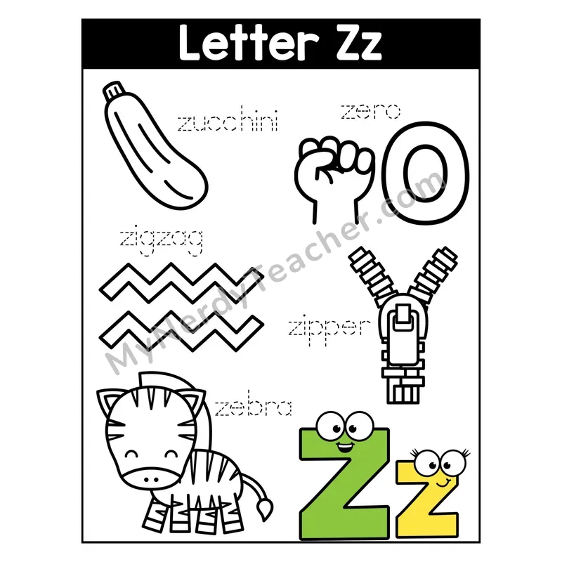 Letter Z Coloring Page — Beginning Sounds Words