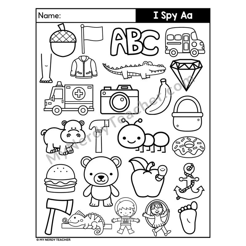 I Spy Letter A Beginning Sounds Coloring Page