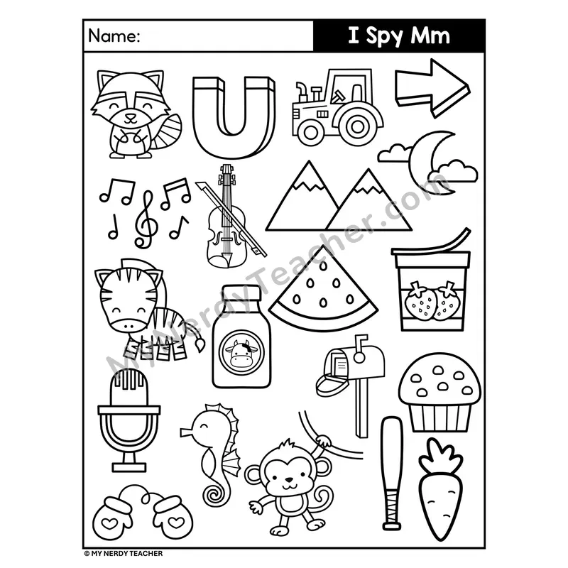 I Spy Letter M Beginning Sounds Coloring Page