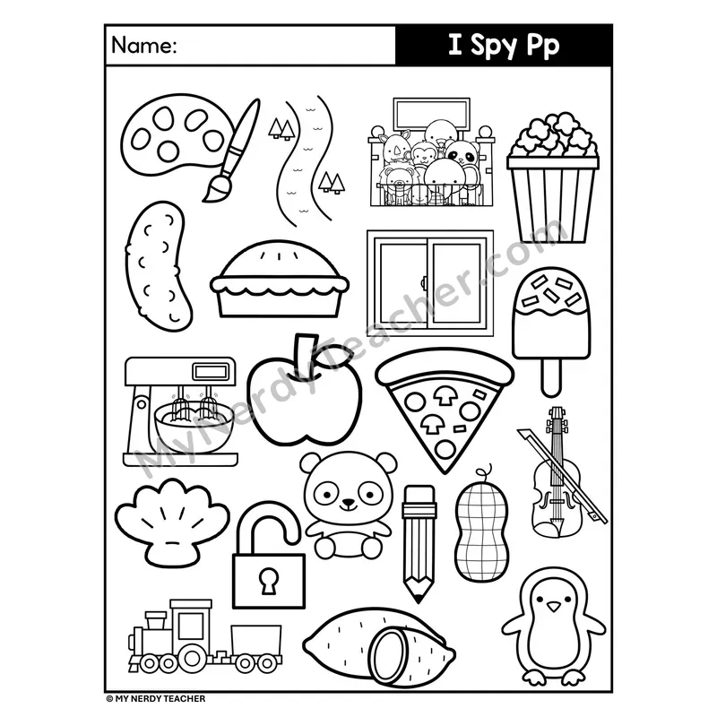 I Spy Letter P Beginning Sounds Coloring Page