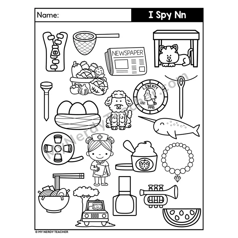 I Spy Letter N Beginning Sounds Coloring Page
