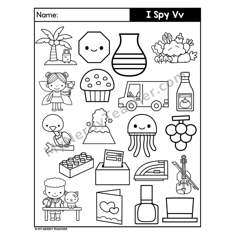 I Spy Letter V Beginning Sounds Coloring Page