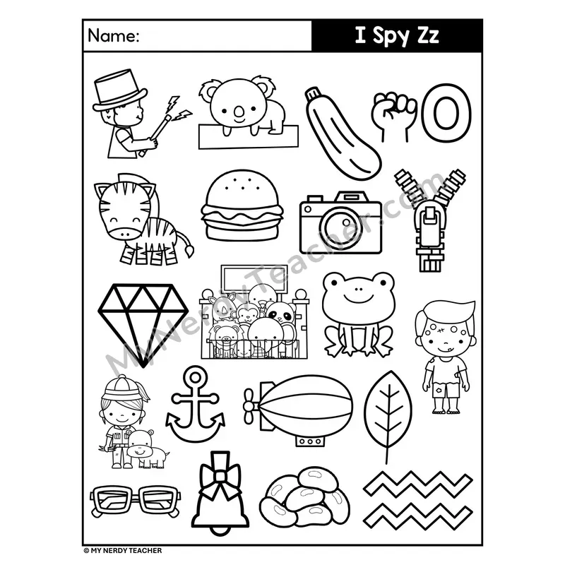 I Spy Letter Z Beginning Sounds Coloring Page