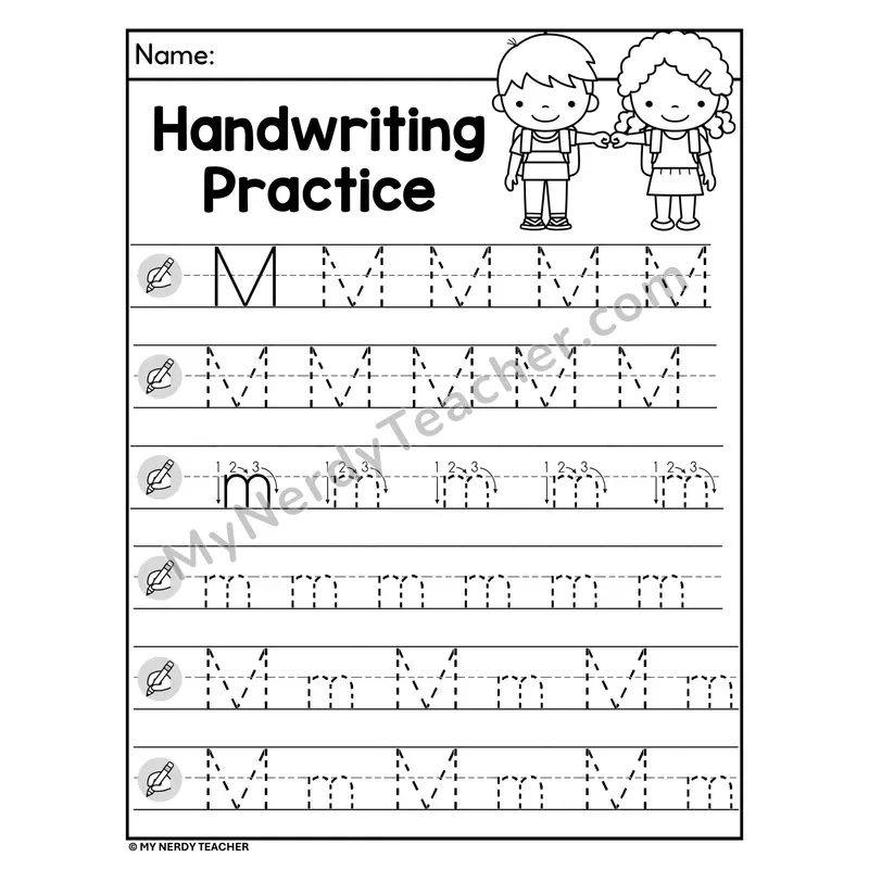 Letter M Handwriting Practice — Uppercase and Lowercase