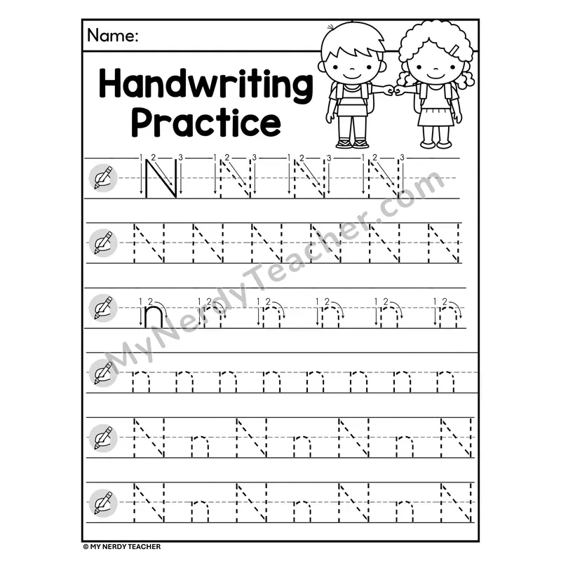 Letter N Handwriting Practice — Uppercase and Lowercase