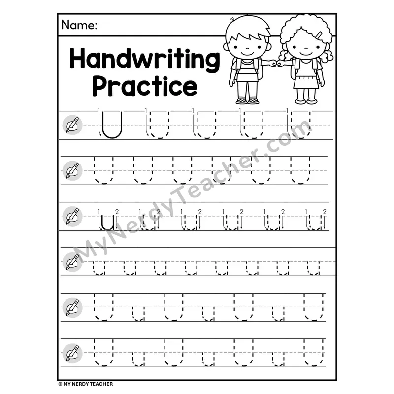 Letter U Handwriting Practice — Uppercase and Lowercase