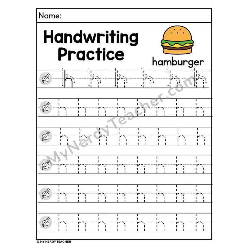 Lowercase Letter h Handwriting Practice Worksheet