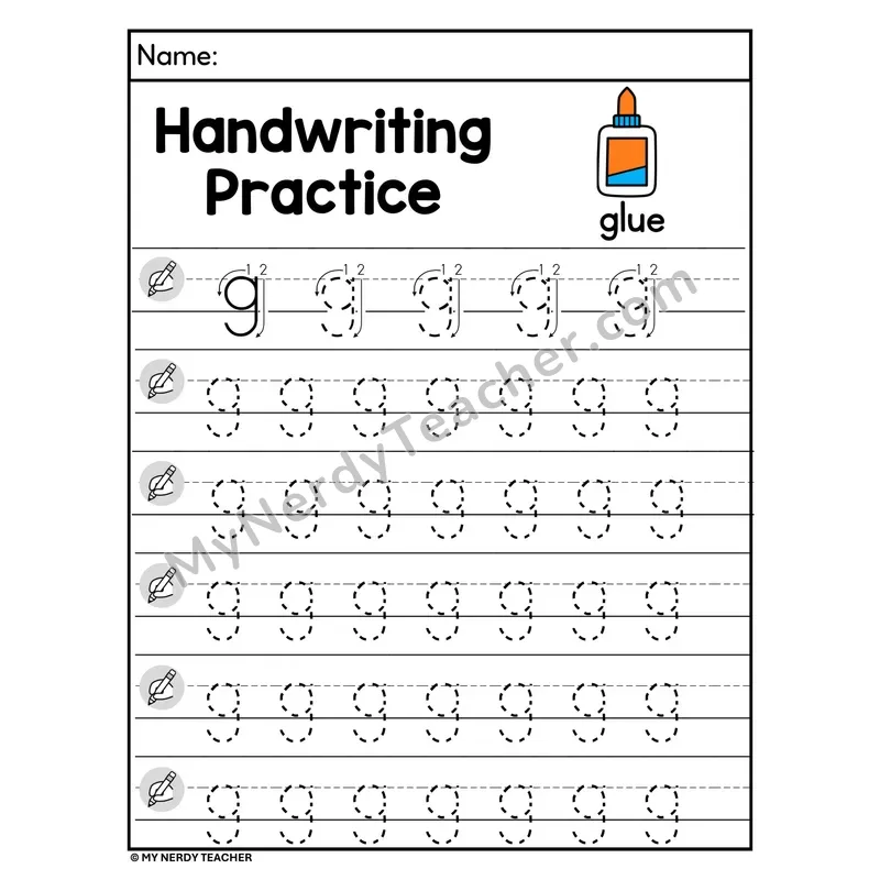 Lowercase Letter g Handwriting Practice Worksheet