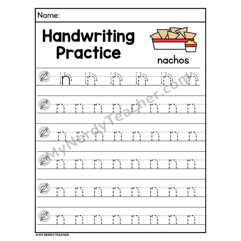 Lowercase Letter n Handwriting Practice Worksheet