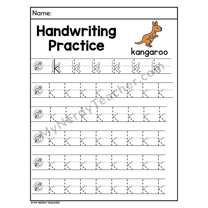 Lowercase Letter k Handwriting Practice Worksheet