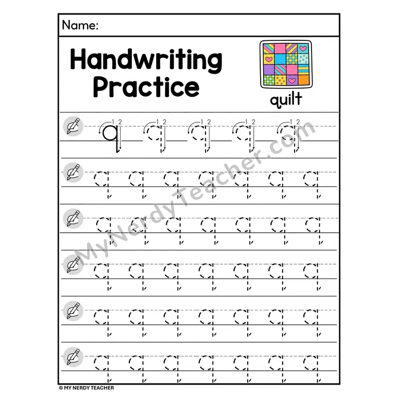 Lowercase Letter q Handwriting Practice Worksheet