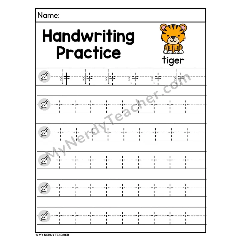 Lowercase Letter t Handwriting Practice Worksheet