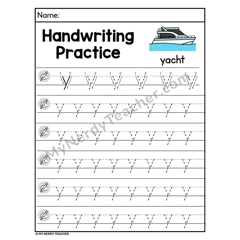 Lowercase Letter y Handwriting Practice Worksheet